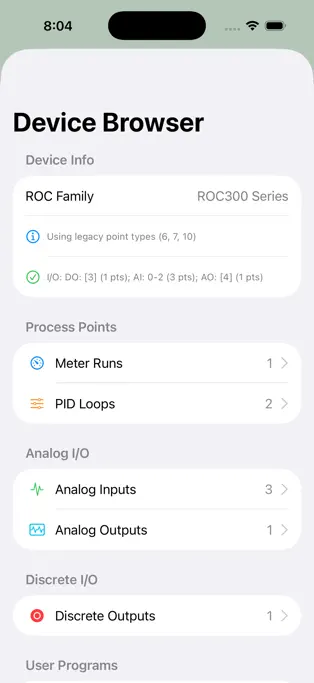 RTU Monitor app showing ROC300 Device Browser on iPhone